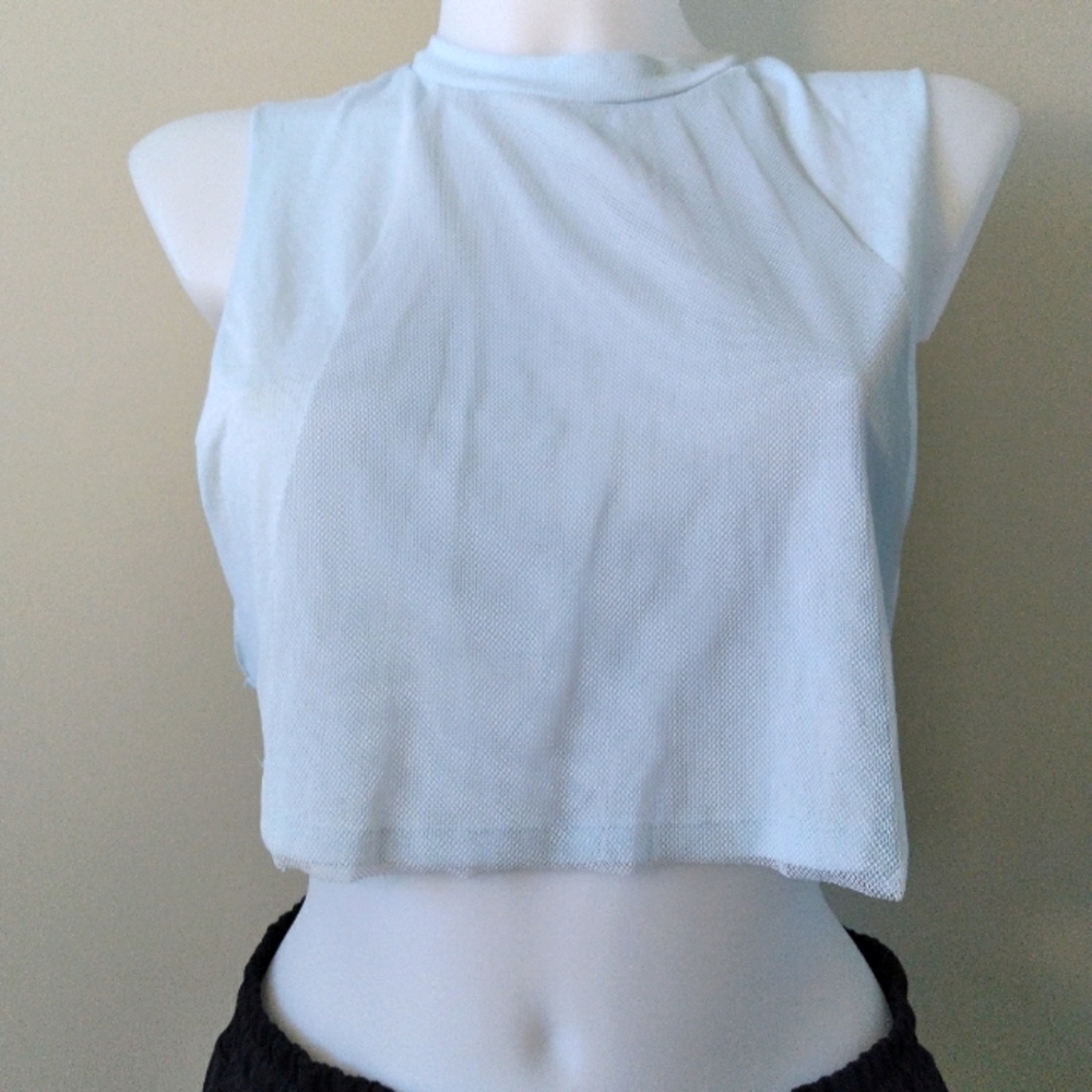 ALO YOGA HIGH NECK CROPPED SLEEVELESS TOP WITH MESH OVERLAY, NWOT BABY BLUE